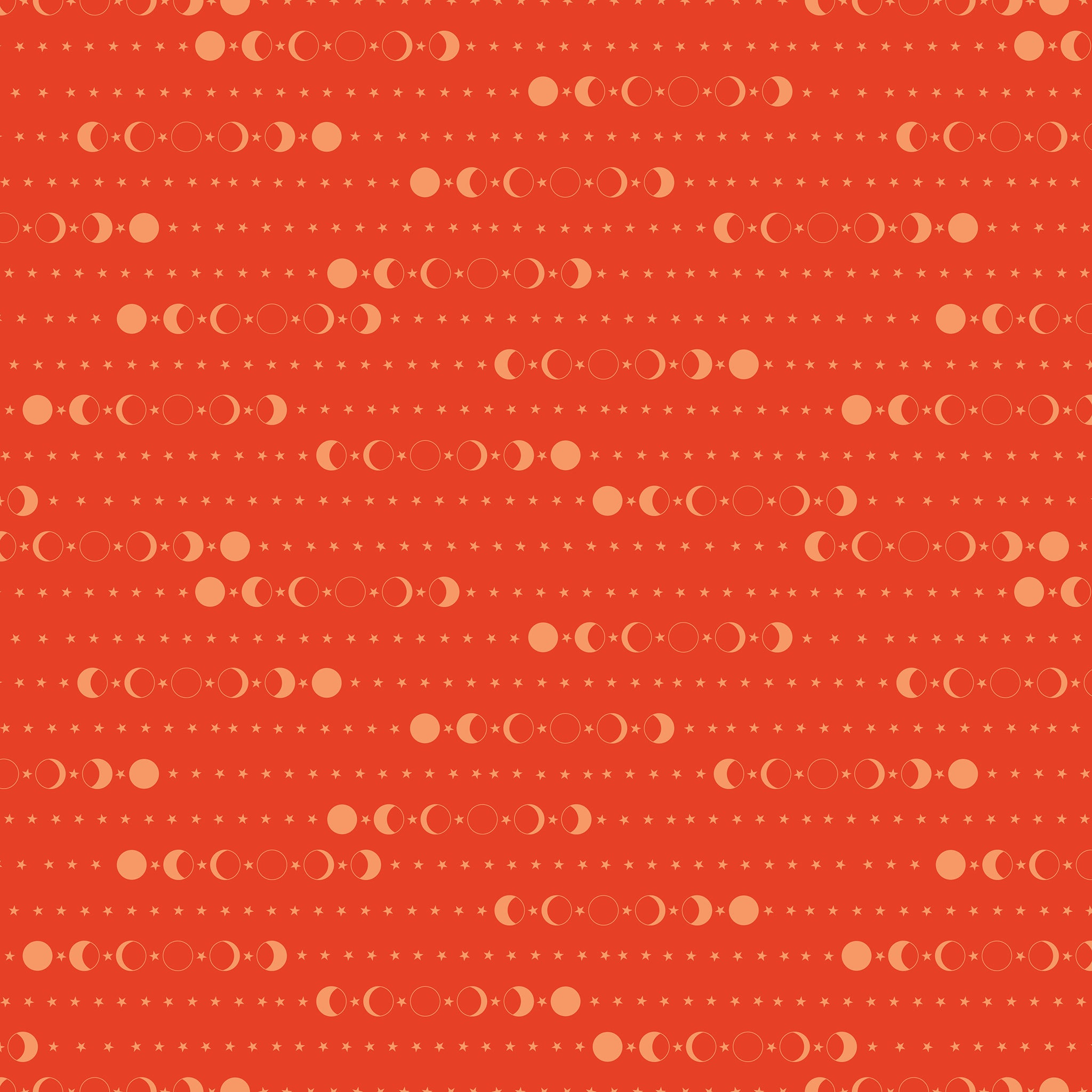 A repeating pattern of moon phases in cream and light orange on a warm orange-red background, with small dotted lines throughout.