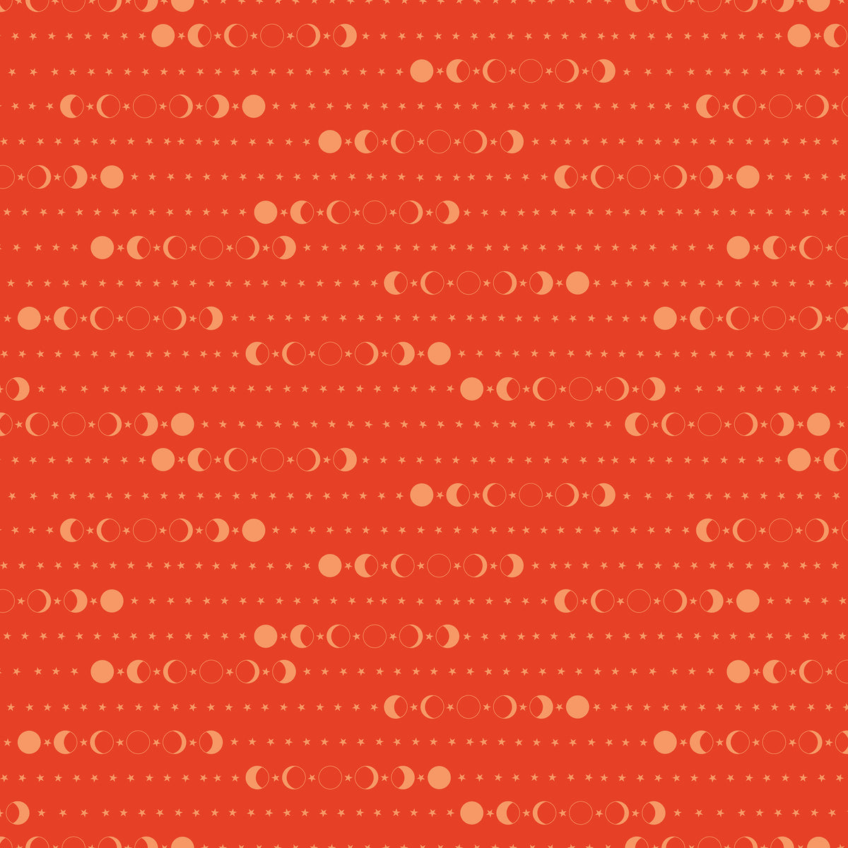 A repeating pattern of moon phases in cream and light orange on a warm orange-red background, with small dotted lines throughout.