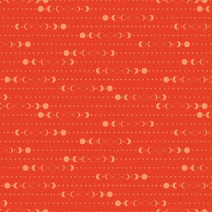 A repeating pattern of moon phases in cream and light orange on a warm orange-red background, with small dotted lines throughout.