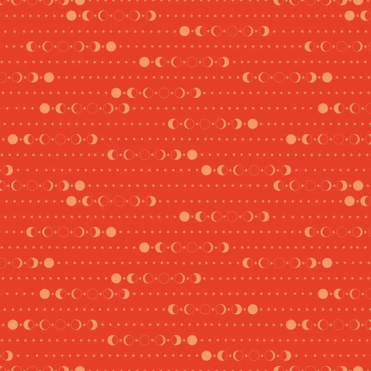 A repeating pattern of moon phases in cream and light orange on a warm orange-red background, with small dotted lines throughout.
