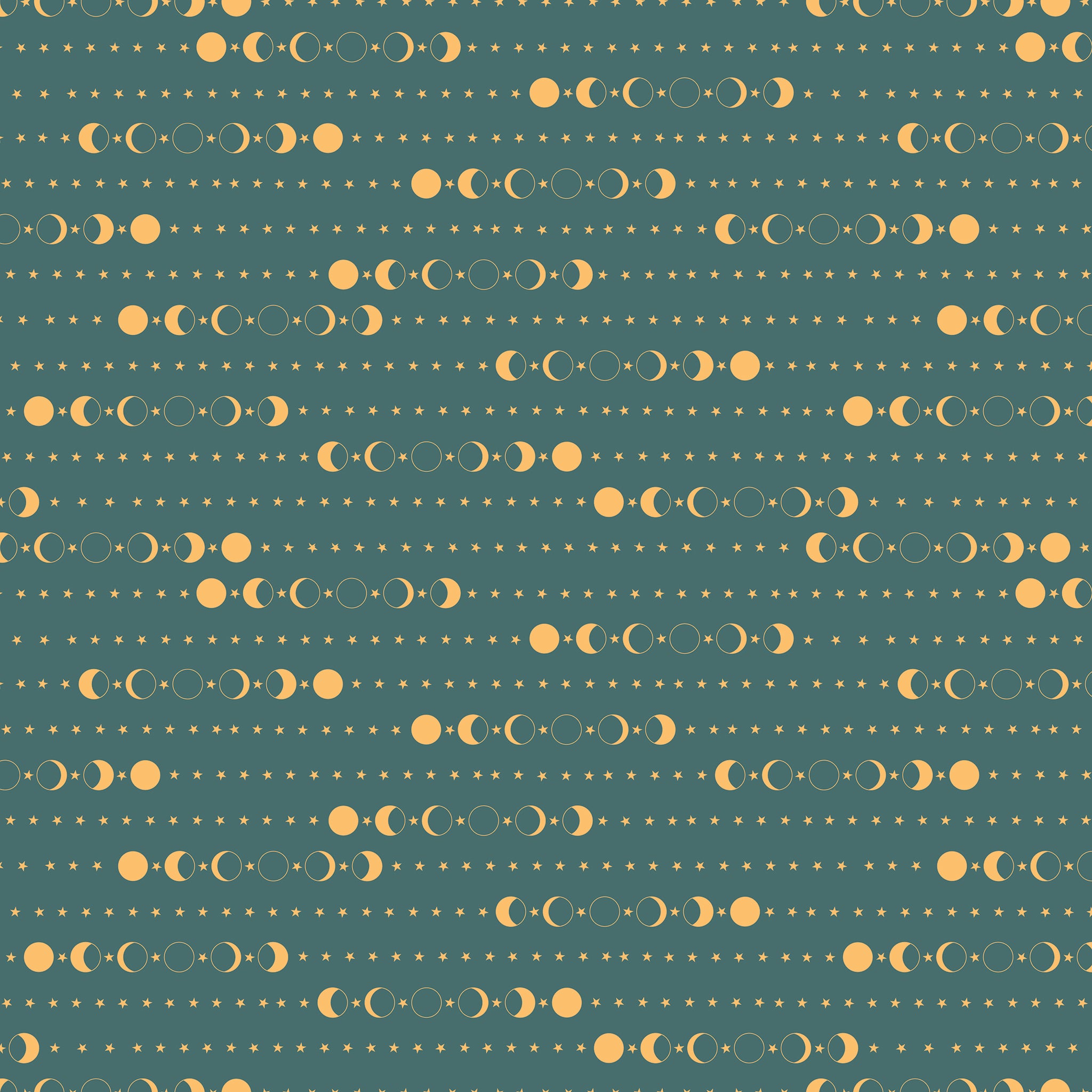 A repeating celestial pattern featuring moon phases and rows of small stars on a muted teal background.