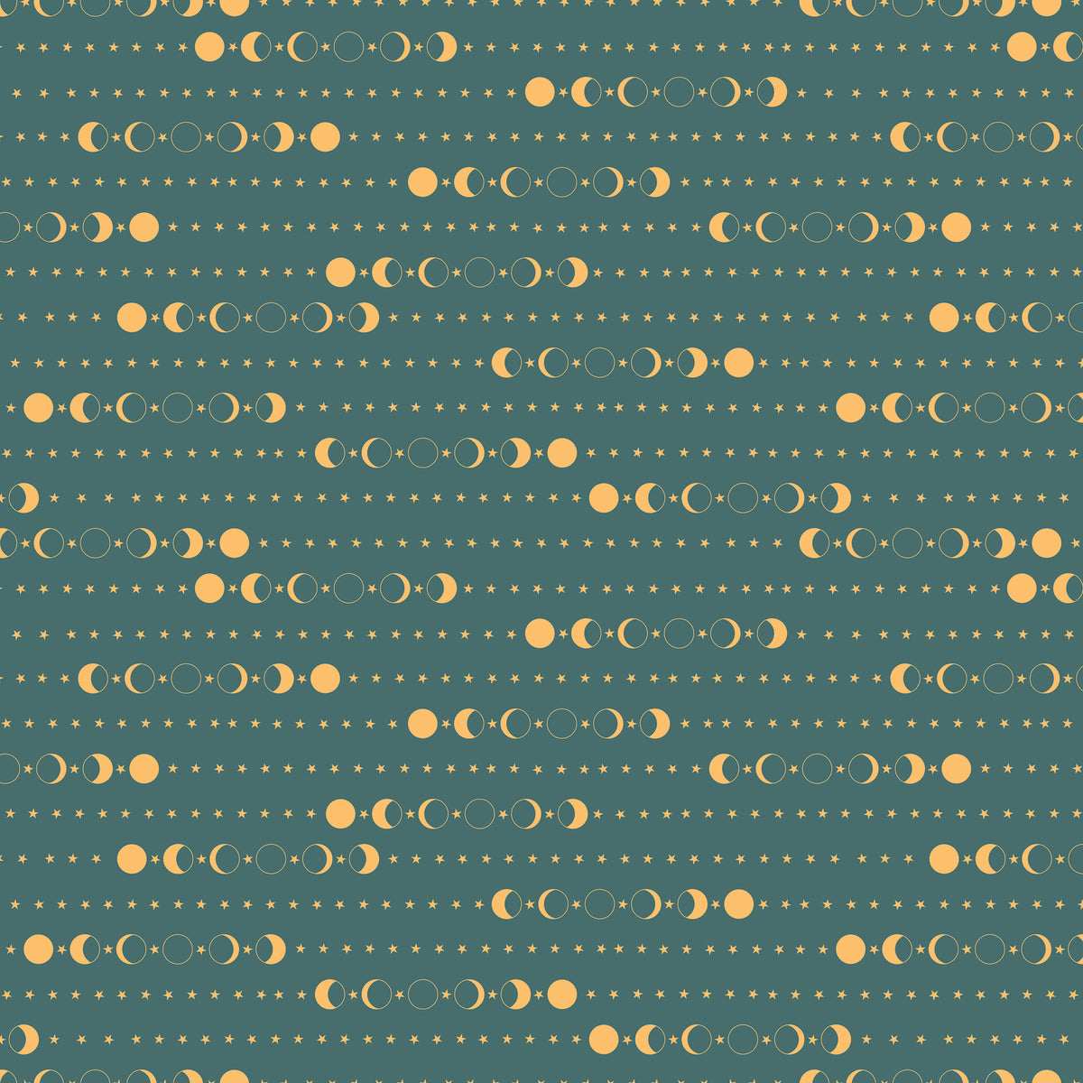 A repeating celestial pattern featuring moon phases and rows of small stars on a muted teal background.