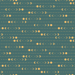 A repeating celestial pattern featuring moon phases and rows of small stars on a muted teal background.
