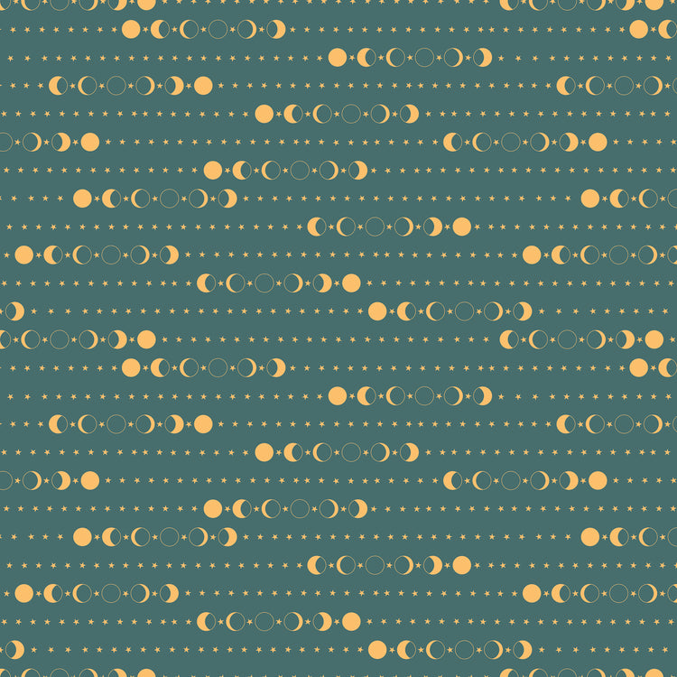 A repeating celestial pattern featuring moon phases and rows of small stars on a muted teal background.