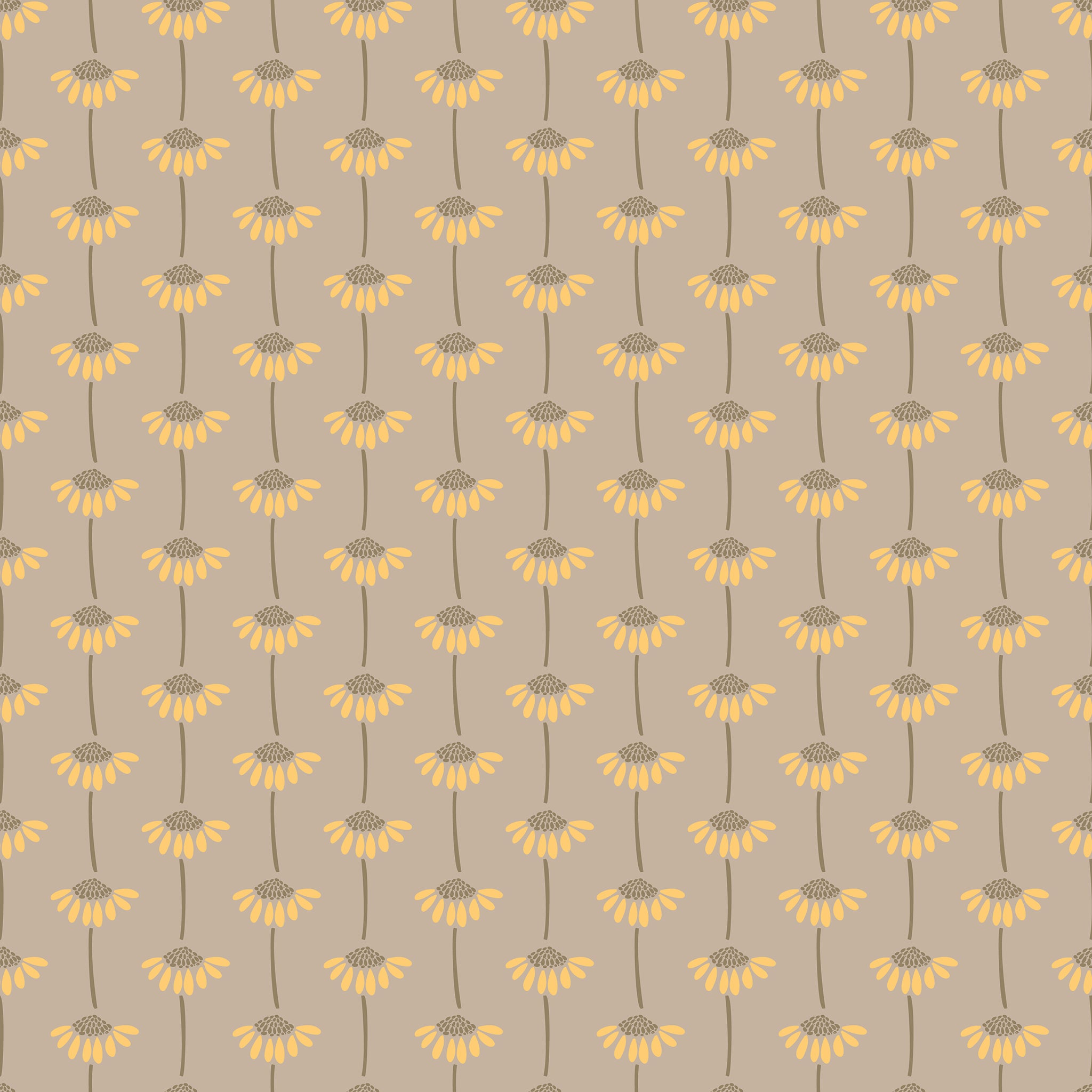 A repeating floral pattern featuring yellow daisy-like flowers with brown centers and stems on a warm beige background.