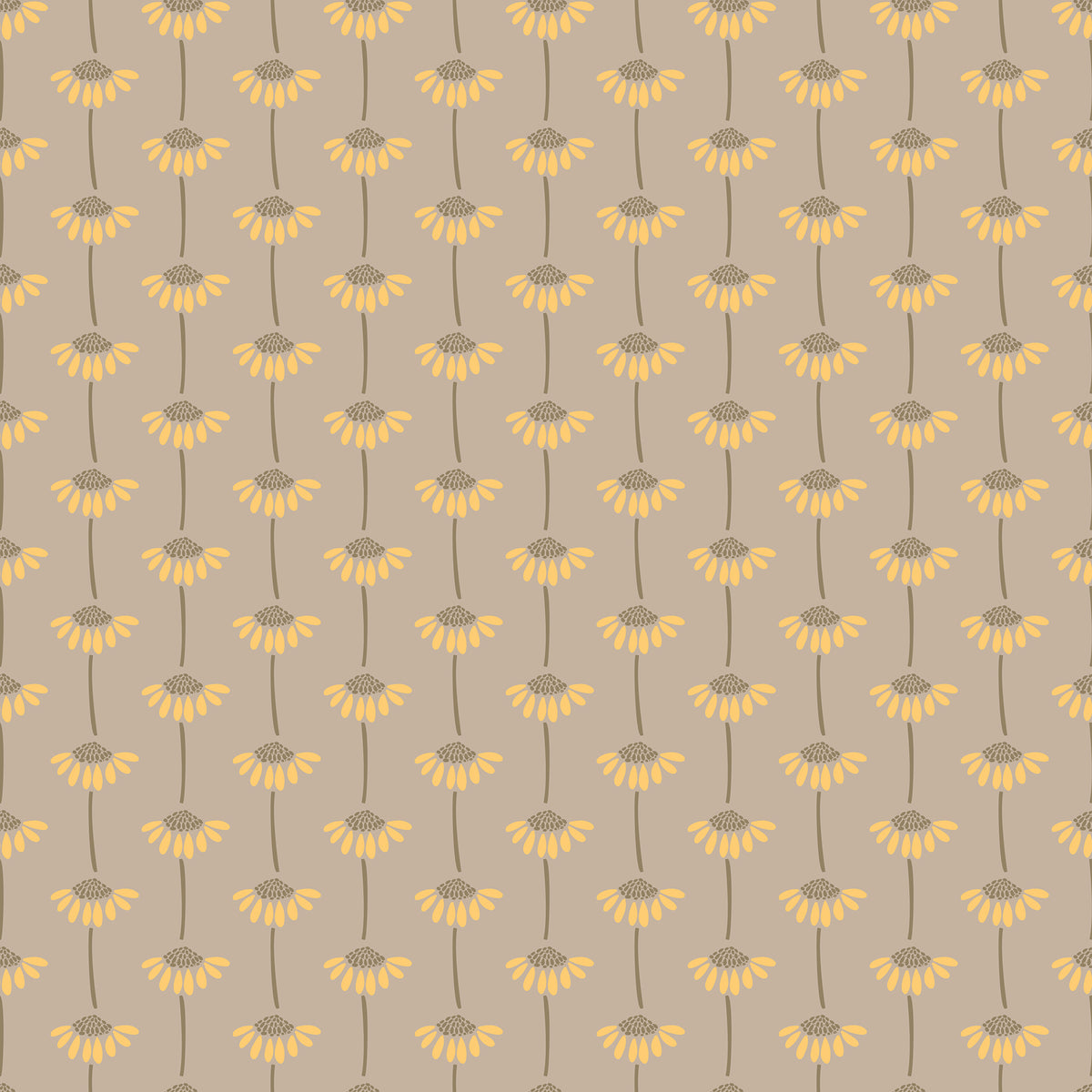 A repeating floral pattern featuring yellow daisy-like flowers with brown centers and stems on a warm beige background.