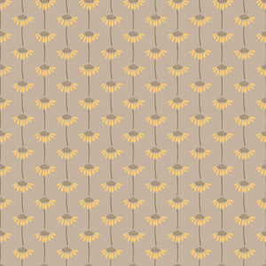 A repeating floral pattern featuring yellow daisy-like flowers with brown centers and stems on a warm beige background.