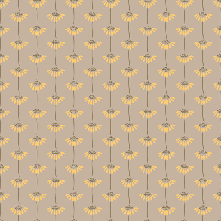 A repeating floral pattern featuring yellow daisy-like flowers with brown centers and stems on a warm beige background.