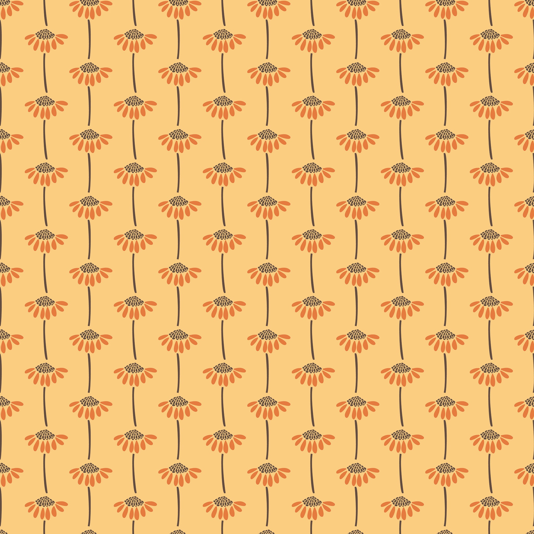 A repeating floral pattern featuring orange daisy-like flowers with dark brown centers and stems on a warm yellow background.