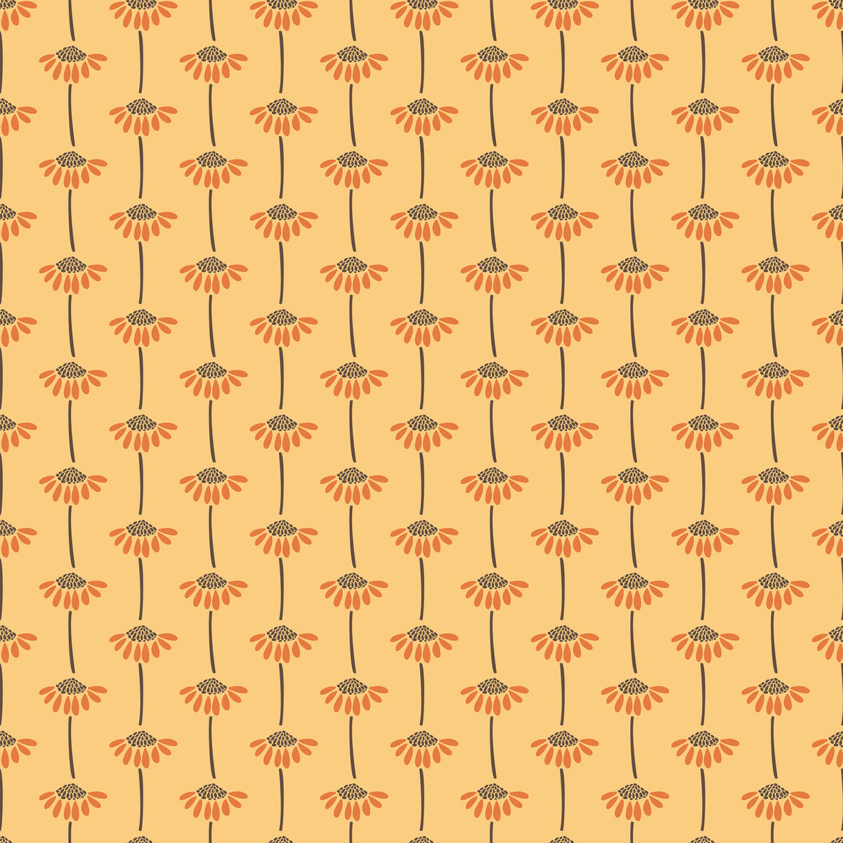 A repeating floral pattern featuring orange daisy-like flowers with dark brown centers and stems on a warm yellow background.