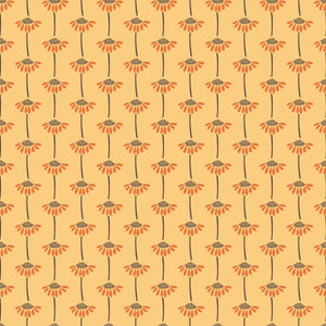A repeating floral pattern featuring orange daisy-like flowers with dark brown centers and stems on a warm yellow background.
