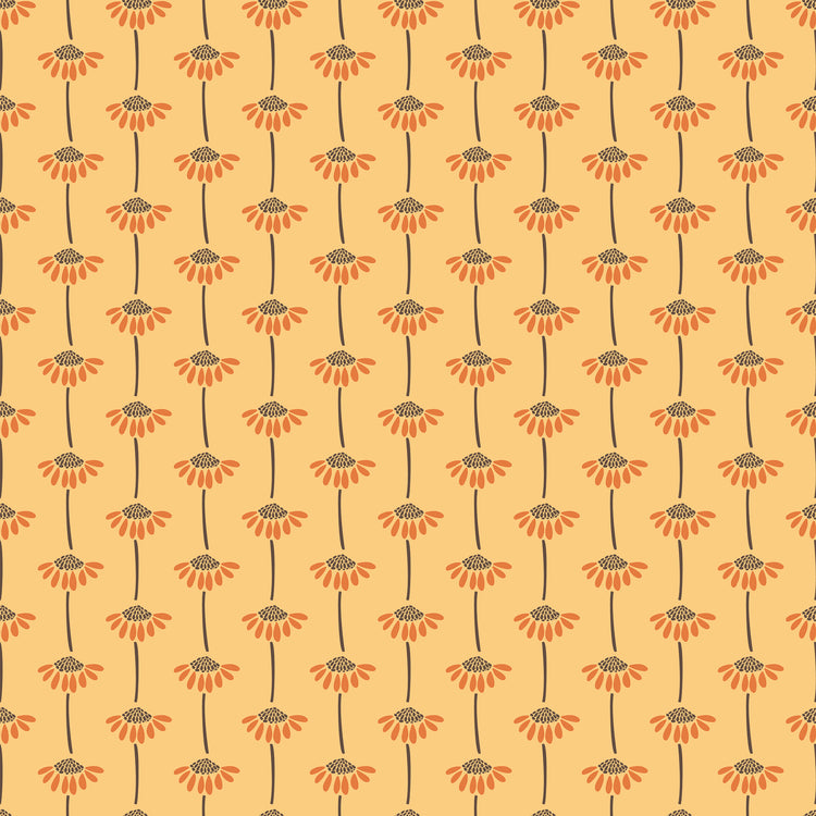 A repeating floral pattern featuring orange daisy-like flowers with dark brown centers and stems on a warm yellow background.