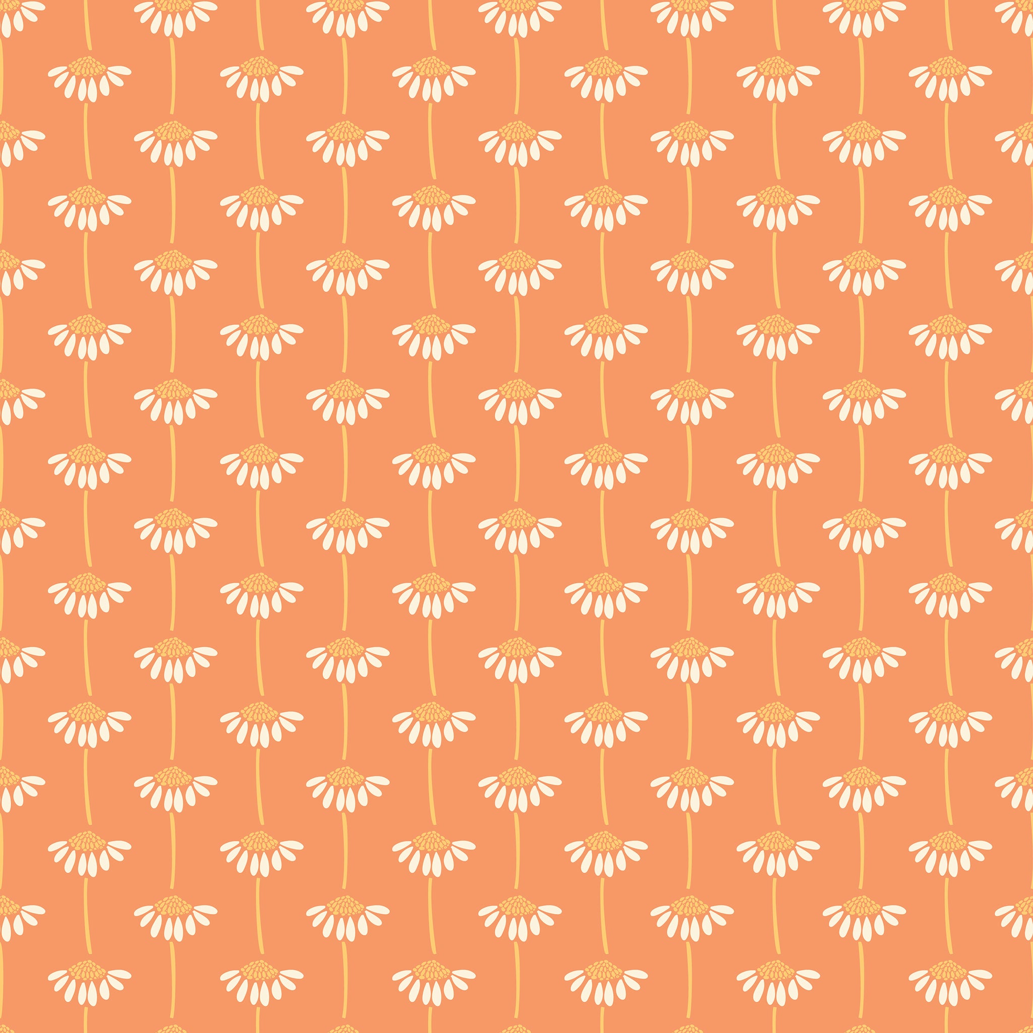 A repeating floral pattern featuring white daisy-like flowers with yellow centers and pale yellow stems on a solid orange background.