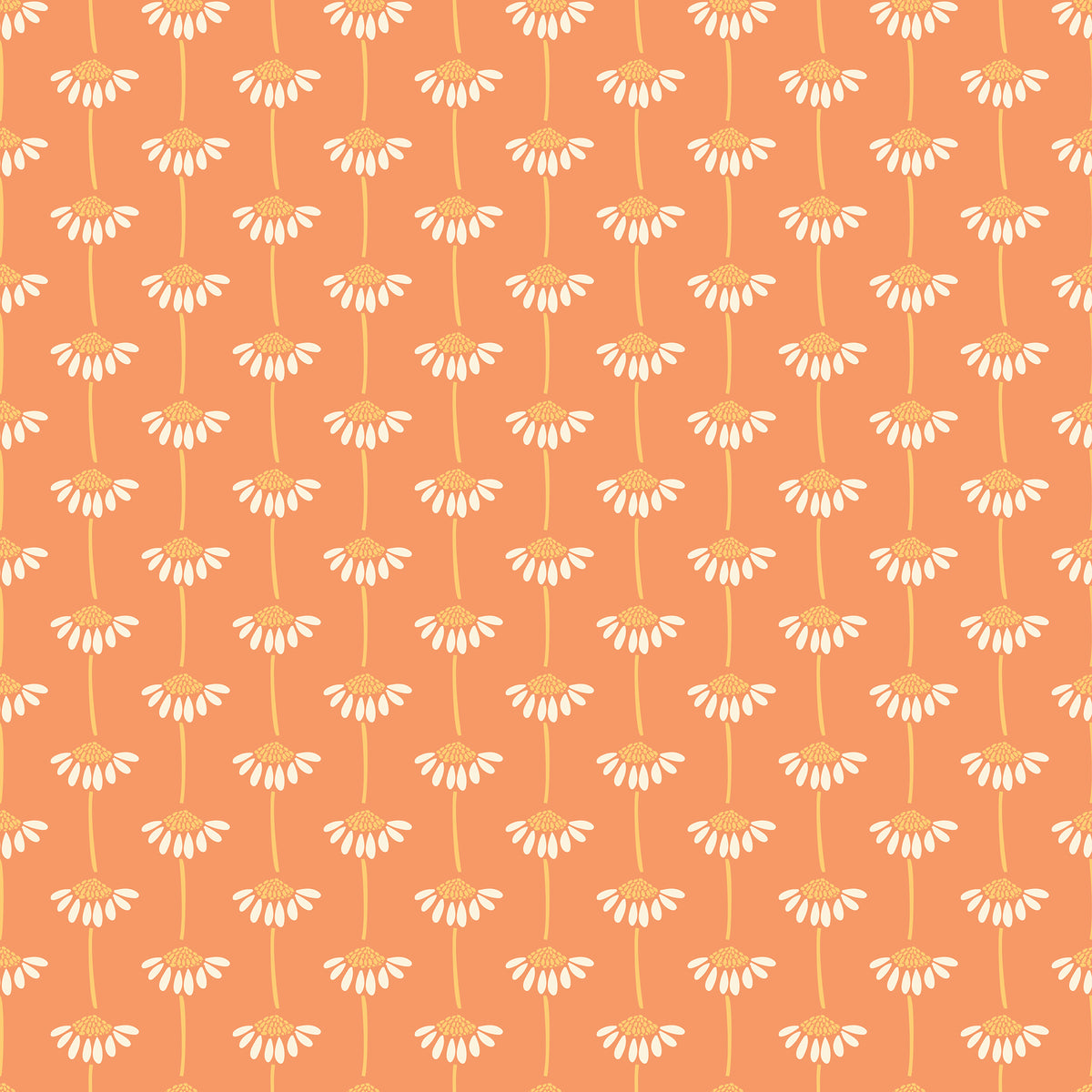 A repeating floral pattern featuring white daisy-like flowers with yellow centers and pale yellow stems on a solid orange background.