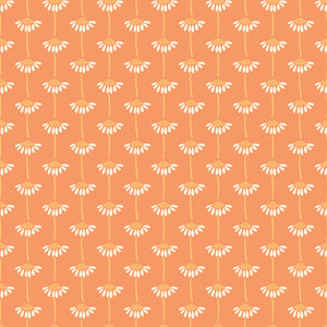 A repeating floral pattern featuring white daisy-like flowers with yellow centers and pale yellow stems on a solid orange background.