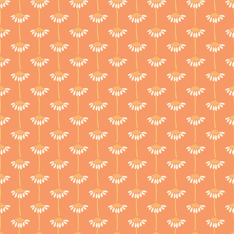 A repeating floral pattern featuring white daisy-like flowers with yellow centers and pale yellow stems on a solid orange background.