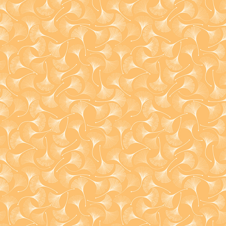 A seamless repeating pattern of stylized ginkgo leaves in shades of orange, yellow, and cream, arranged in a swirling, overlapping design.