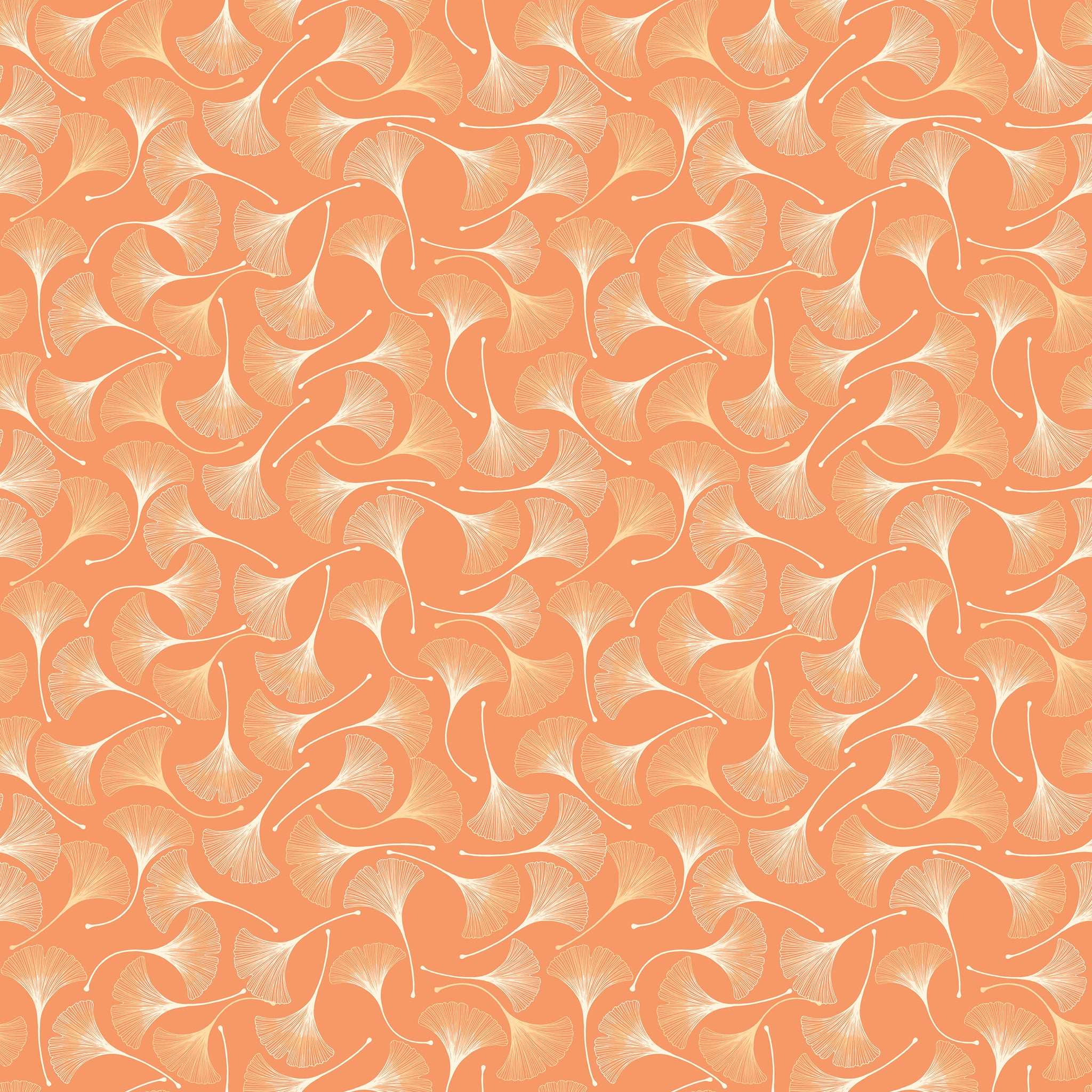 A seamless repeating pattern of stylized orange and peach ginkgo leaves with fine vein-like lines, filling the entire frame.
