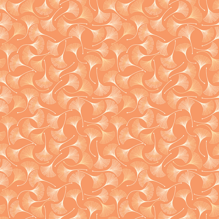 A seamless repeating pattern of stylized orange and peach ginkgo leaves with fine vein-like lines, filling the entire frame.
