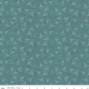 A repeating fabric pattern featuring stylized ginkgo leaves in muted teal and sage green tones, shown with a white ruler along the bottom edge for scale.