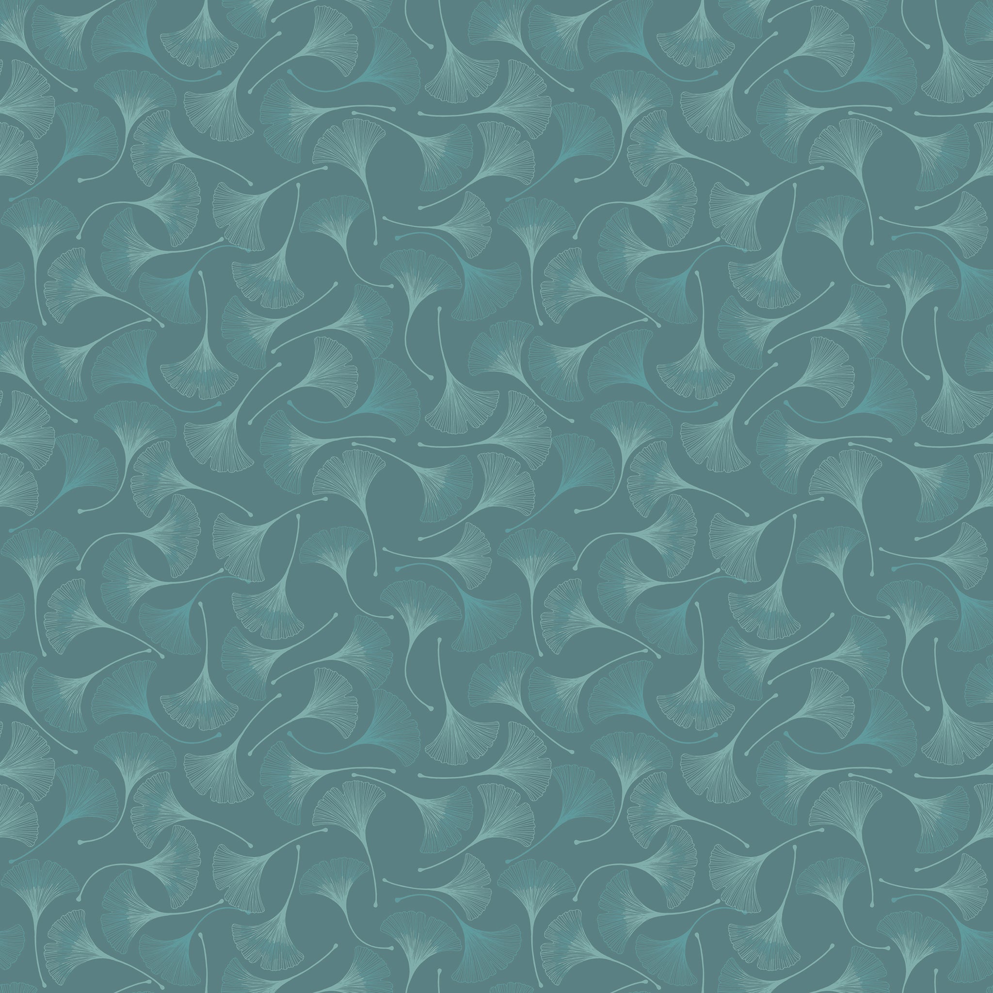 A repeating abstract pattern of overlapping curved shapes in muted teal, blue-green, and gray tones, filling the full frame.