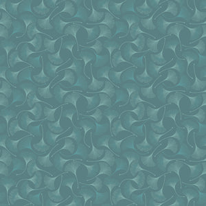 A repeating abstract pattern of overlapping curved shapes in muted teal, blue-green, and gray tones, filling the full frame.