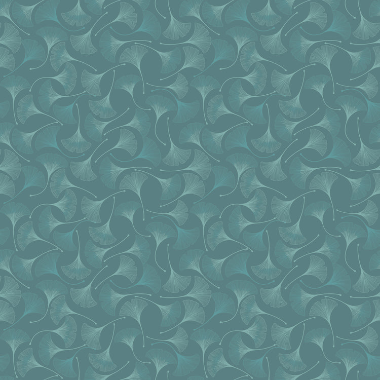 A repeating abstract pattern of overlapping curved shapes in muted teal, blue-green, and gray tones, filling the full frame.