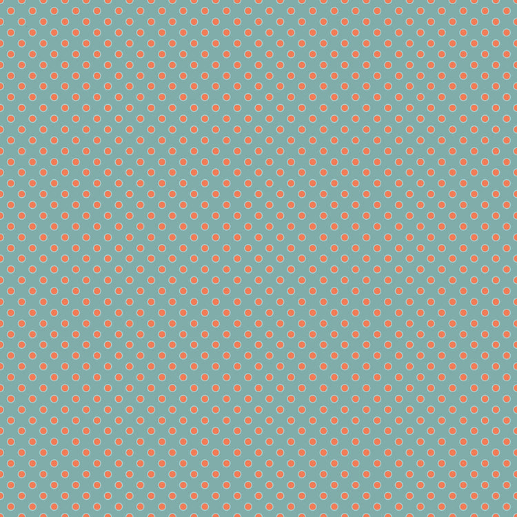 A repeating pattern of small coral-orange circles on a muted teal-blue background.