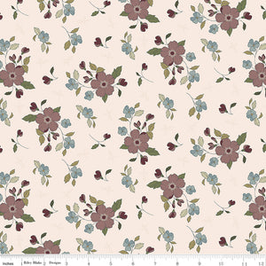 A floral pattern on a warm cream background, featuring muted mauve-pink flowers, small light blue blossoms, olive green leaves, and dark burgundy buds with ruler for scale.