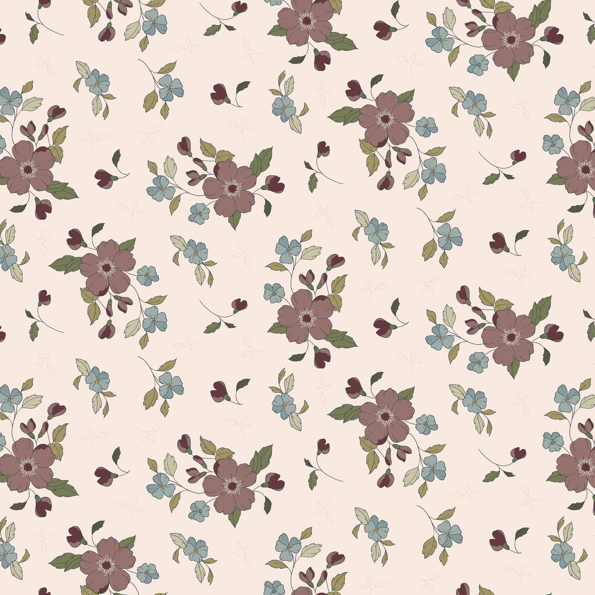 A floral pattern on a warm cream background, featuring muted mauve-pink flowers, small light blue blossoms, olive green leaves, and dark burgundy buds.