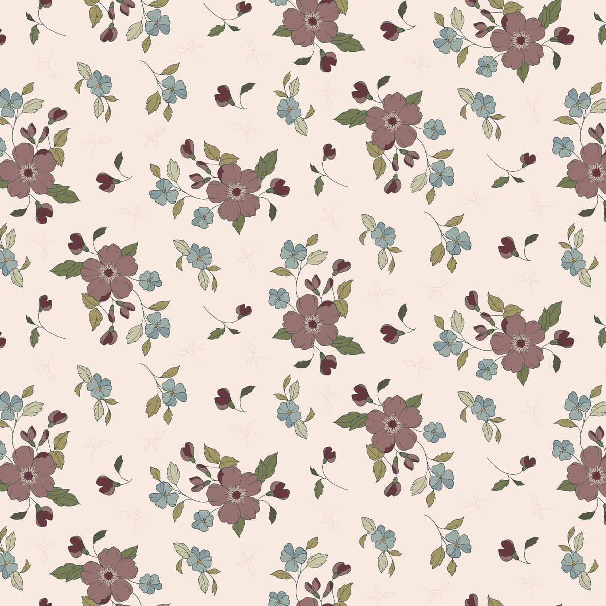 A floral pattern on a warm cream background, featuring muted mauve-pink flowers, small light blue blossoms, olive green leaves, and dark burgundy buds.