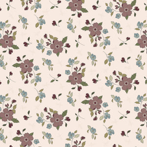 A floral pattern on a warm cream background, featuring muted mauve-pink flowers, small light blue blossoms, olive green leaves, and dark burgundy buds.
