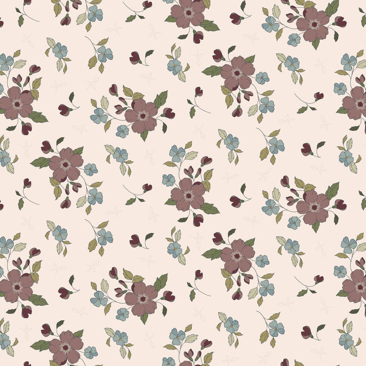 A floral pattern on a warm cream background, featuring muted mauve-pink flowers, small light blue blossoms, olive green leaves, and dark burgundy buds.