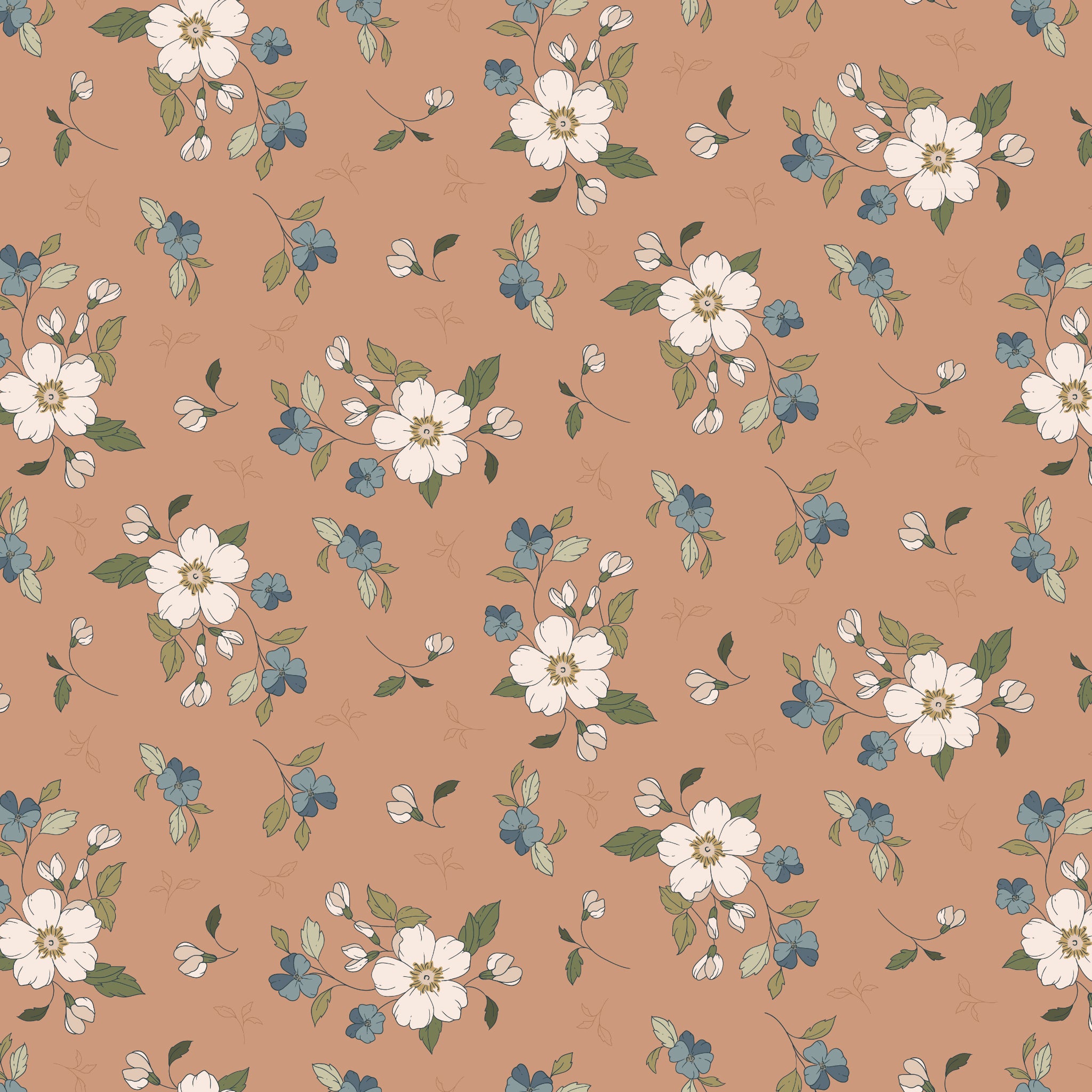 Main Light Clay fabric with cream blossoms, dusty blue flowers, and olive leaves on a warm clay background.