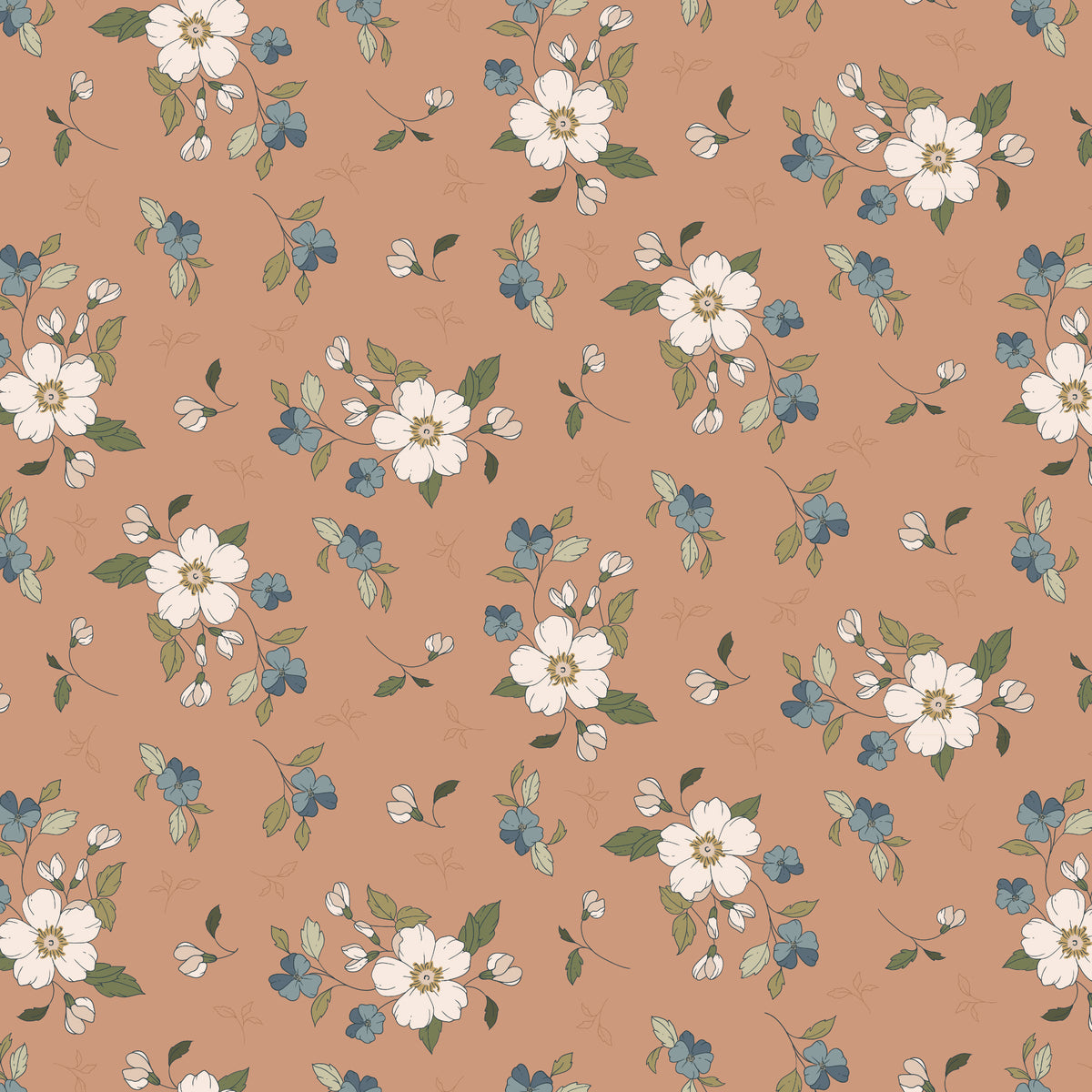 Main Light Clay fabric with cream blossoms, dusty blue flowers, and olive leaves on a warm clay background.