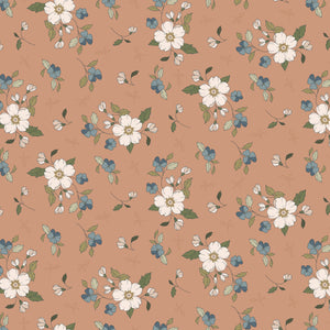 Main Light Clay fabric with cream blossoms, dusty blue flowers, and olive leaves on a warm clay background.
