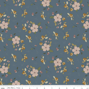 Main Thunder fabric with blush blossoms, golden flowers, and olive leaves on deep blue-gray with ruler for scale.