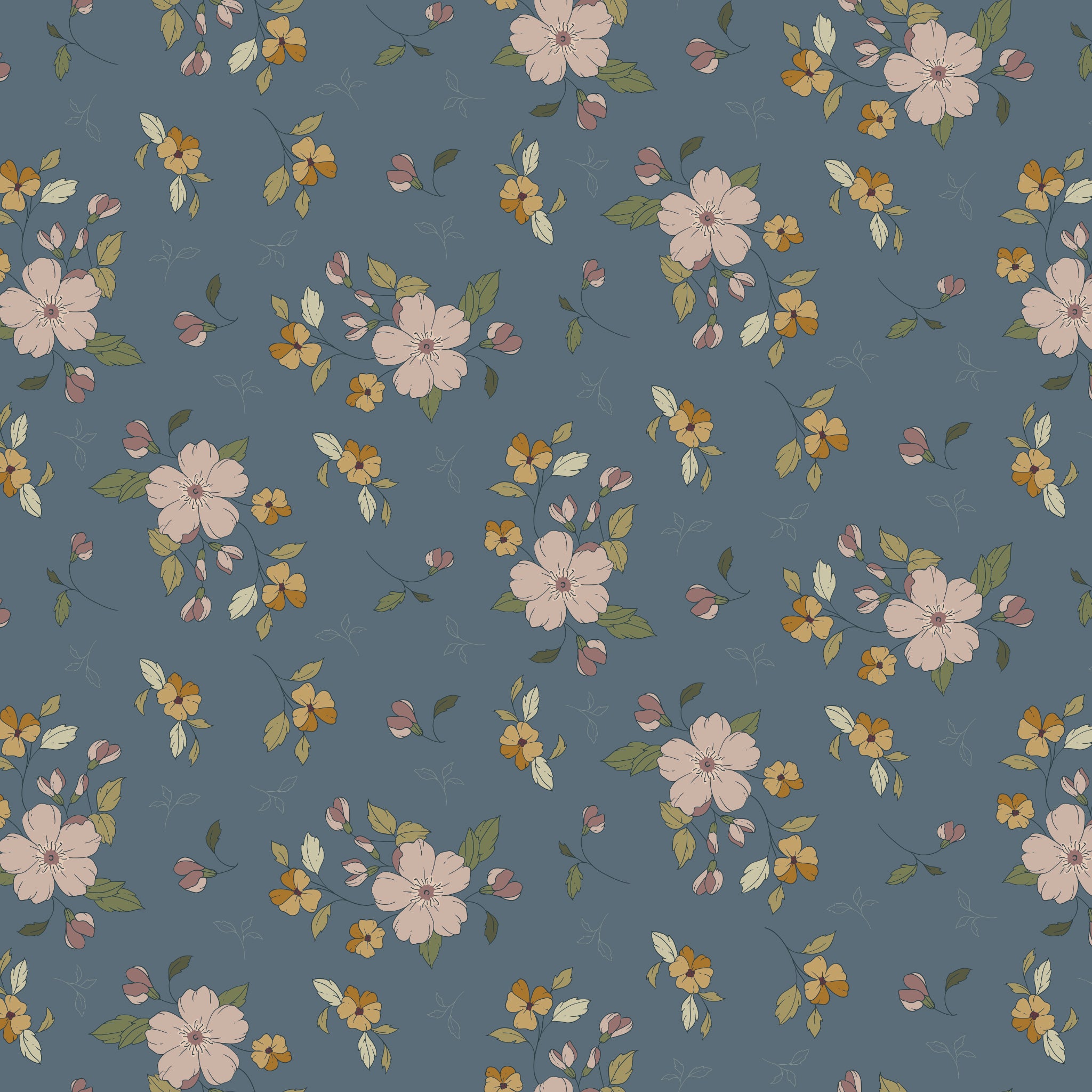 Main Thunder fabric with blush blossoms, golden flowers, and olive leaves on deep blue-gray.