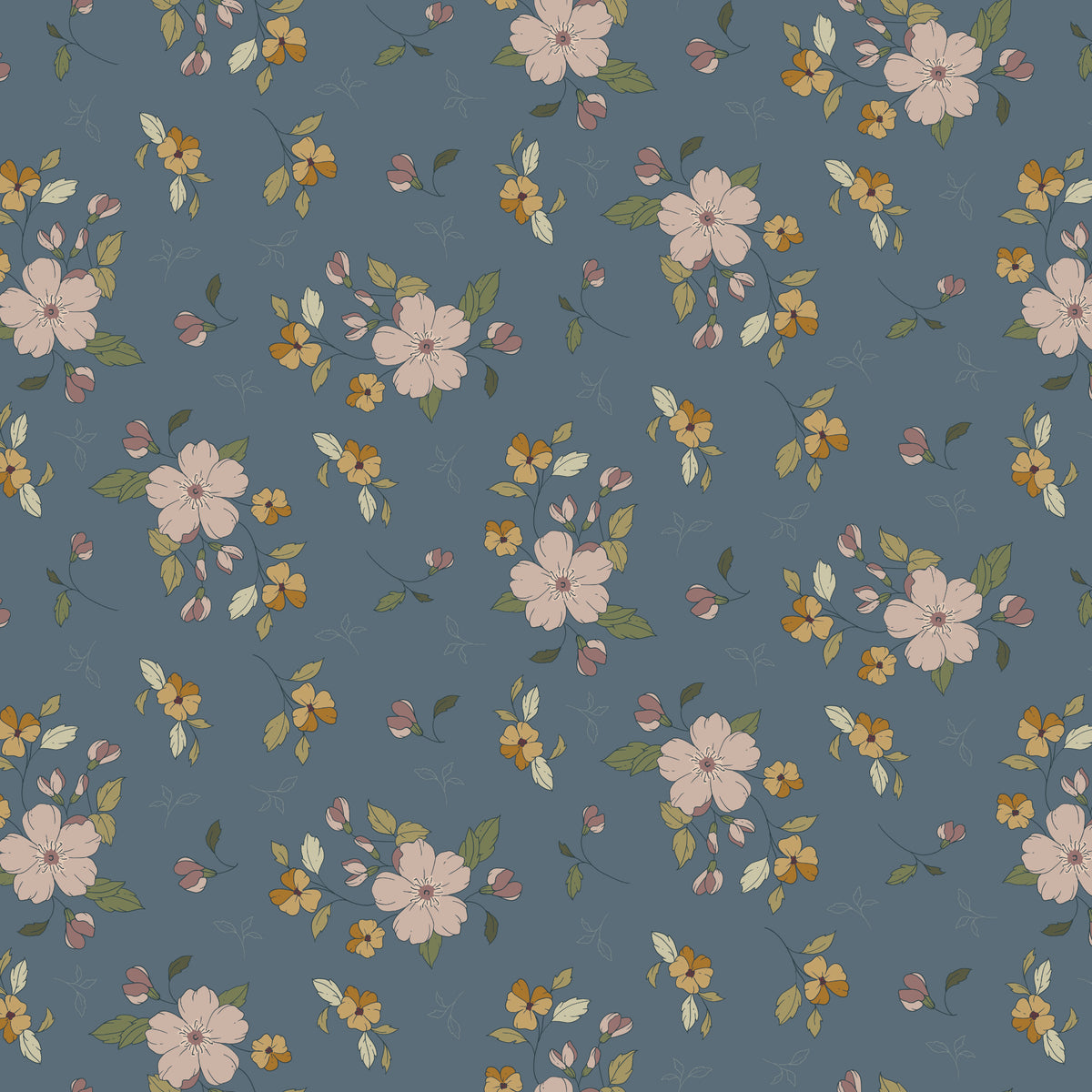 Main Thunder fabric with blush blossoms, golden flowers, and olive leaves on deep blue-gray.