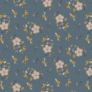 Main Thunder fabric with blush blossoms, golden flowers, and olive leaves on deep blue-gray.