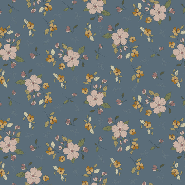 Main Thunder fabric with blush blossoms, golden flowers, and olive leaves on deep blue-gray.