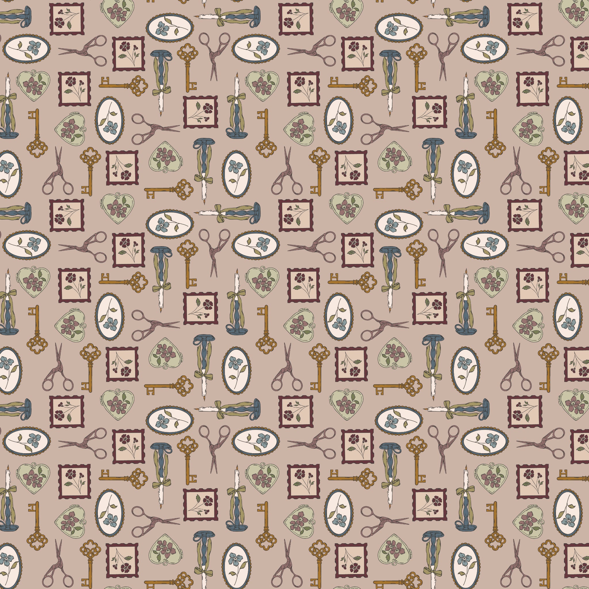Charmed Doe fabric with keys, scissors, candlesticks, floral frames, and heart charms on rosy taupe.