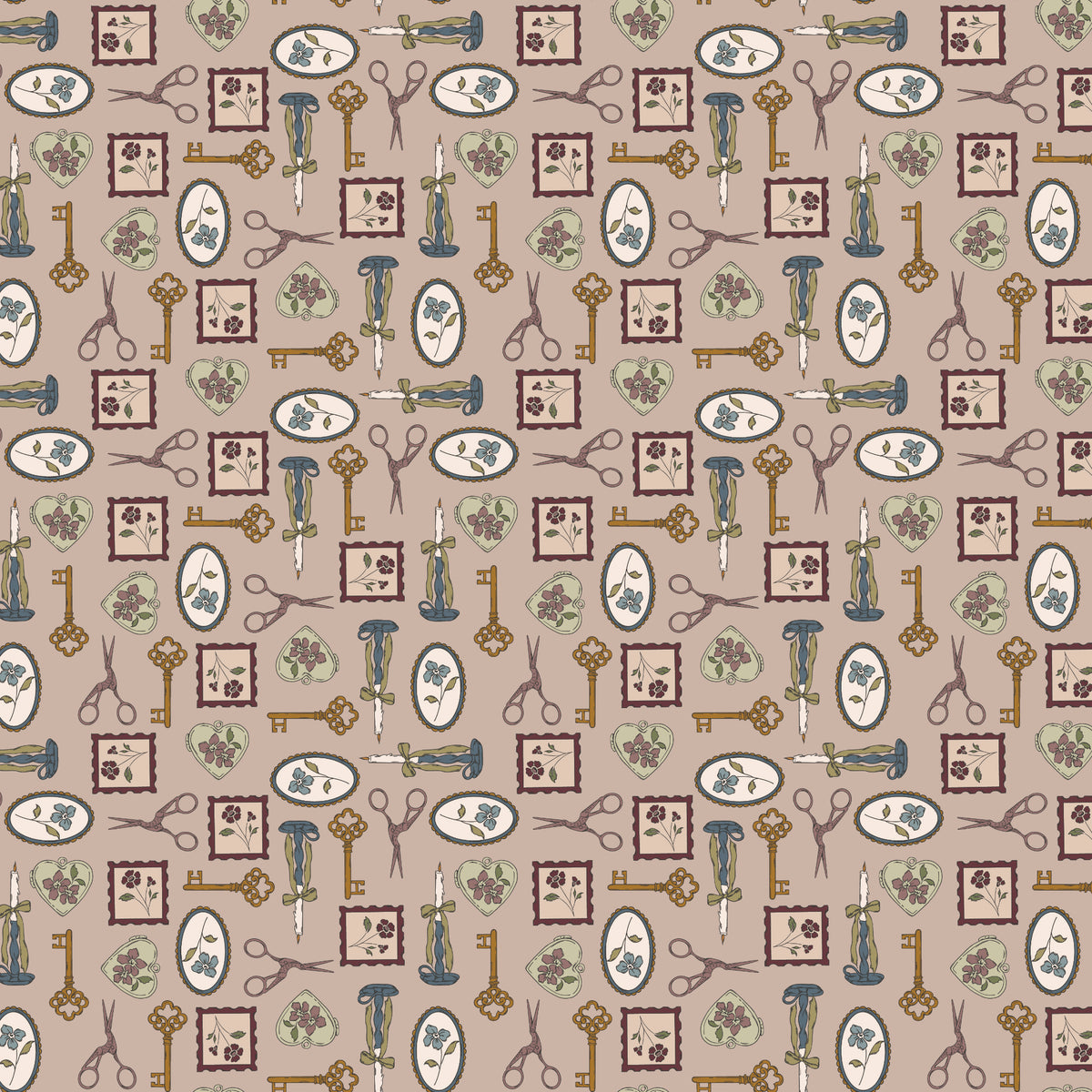 Charmed Doe fabric with keys, scissors, candlesticks, floral frames, and heart charms on rosy taupe.