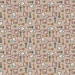 Charmed Doe fabric with keys, scissors, candlesticks, floral frames, and heart charms on rosy taupe.