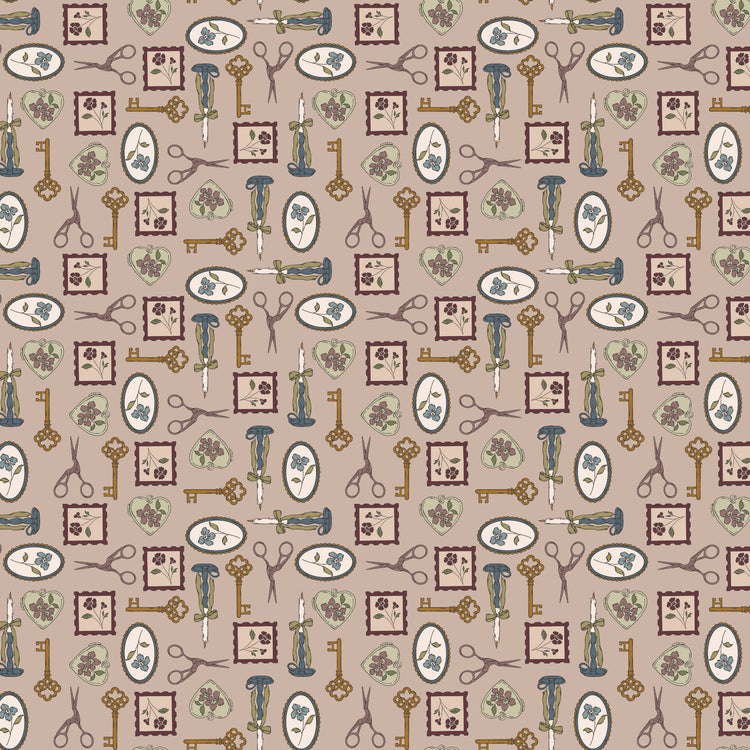 Charmed Doe fabric with keys, scissors, candlesticks, floral frames, and heart charms on rosy taupe.