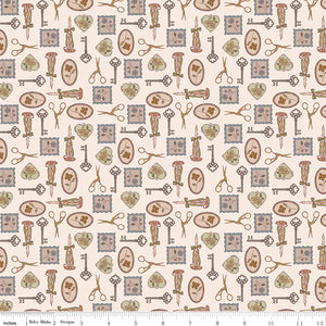 Charmed Latte fabric with decorative keys, scissors, candlesticks, floral frames, and hearts on cream with ruler for scale.