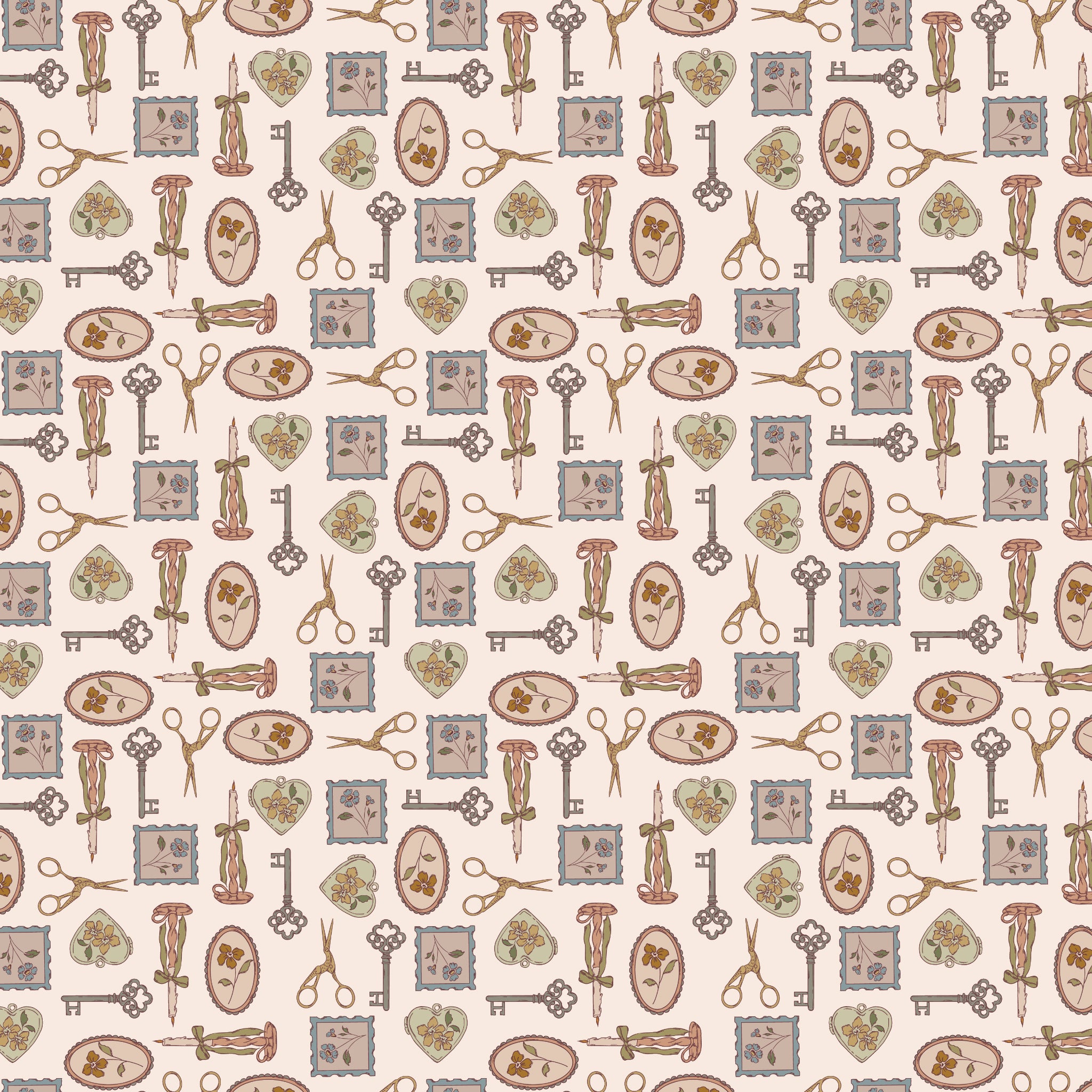 Charmed Latte fabric with decorative keys, scissors, candlesticks, floral frames, and hearts on cream.