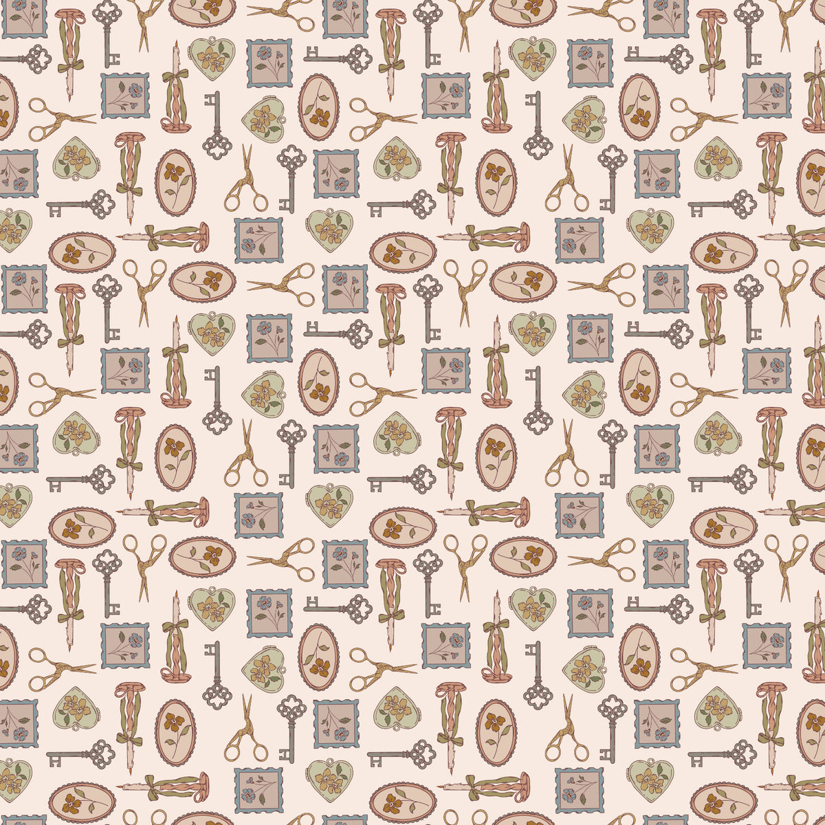 Charmed Latte fabric with decorative keys, scissors, candlesticks, floral frames, and hearts on cream.