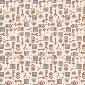 Charmed Latte fabric with decorative keys, scissors, candlesticks, floral frames, and hearts on cream.