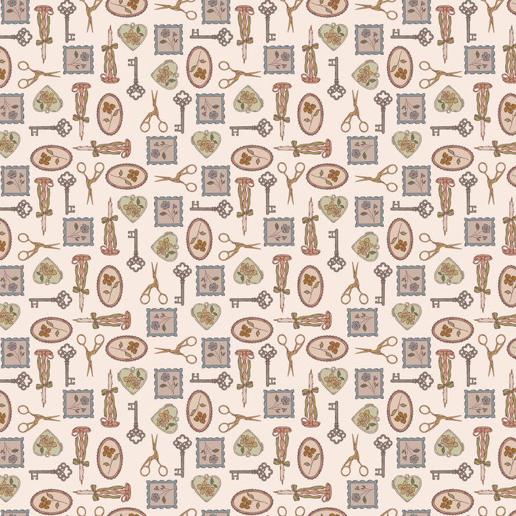 Charmed Latte fabric with decorative keys, scissors, candlesticks, floral frames, and hearts on cream.